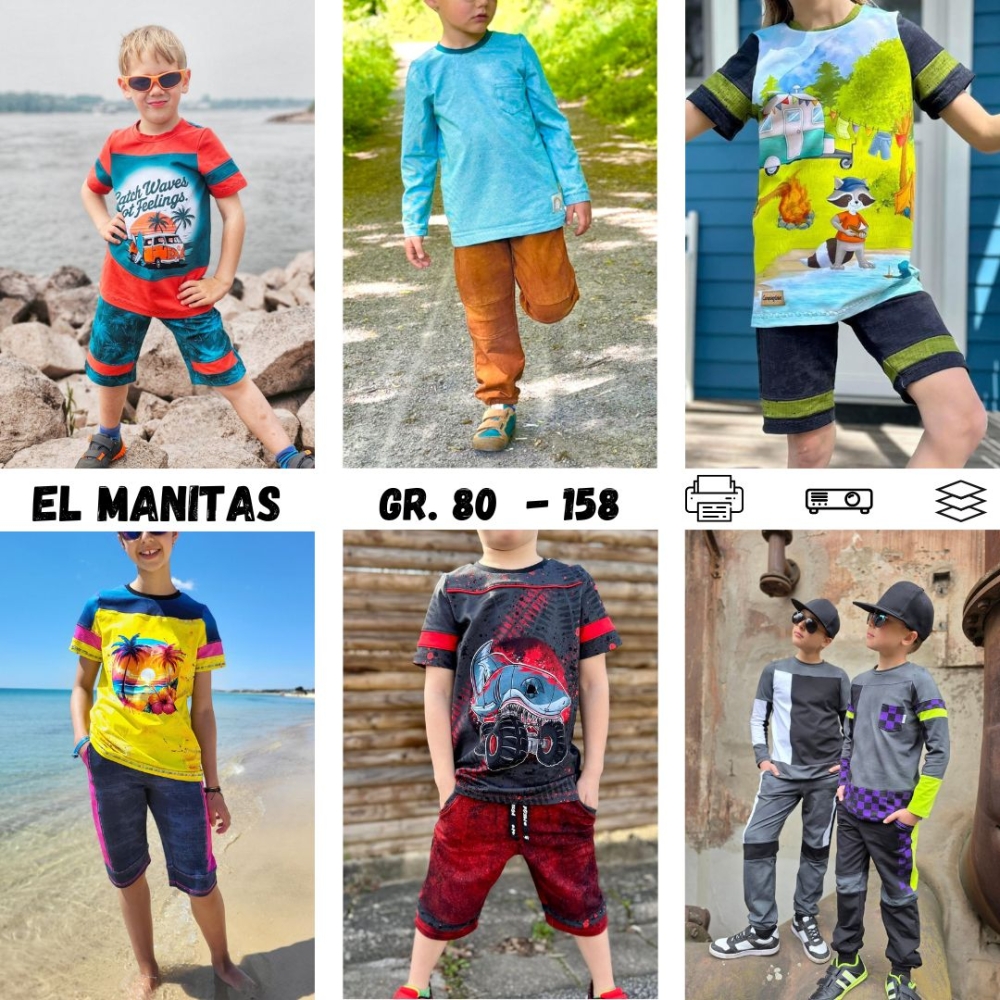 El Manitas - Kombi E-Book Longsleeve/T-Shirt, lange Hose und Hose in Bermuda Länge Gr. 80 - 158<br /><span class=